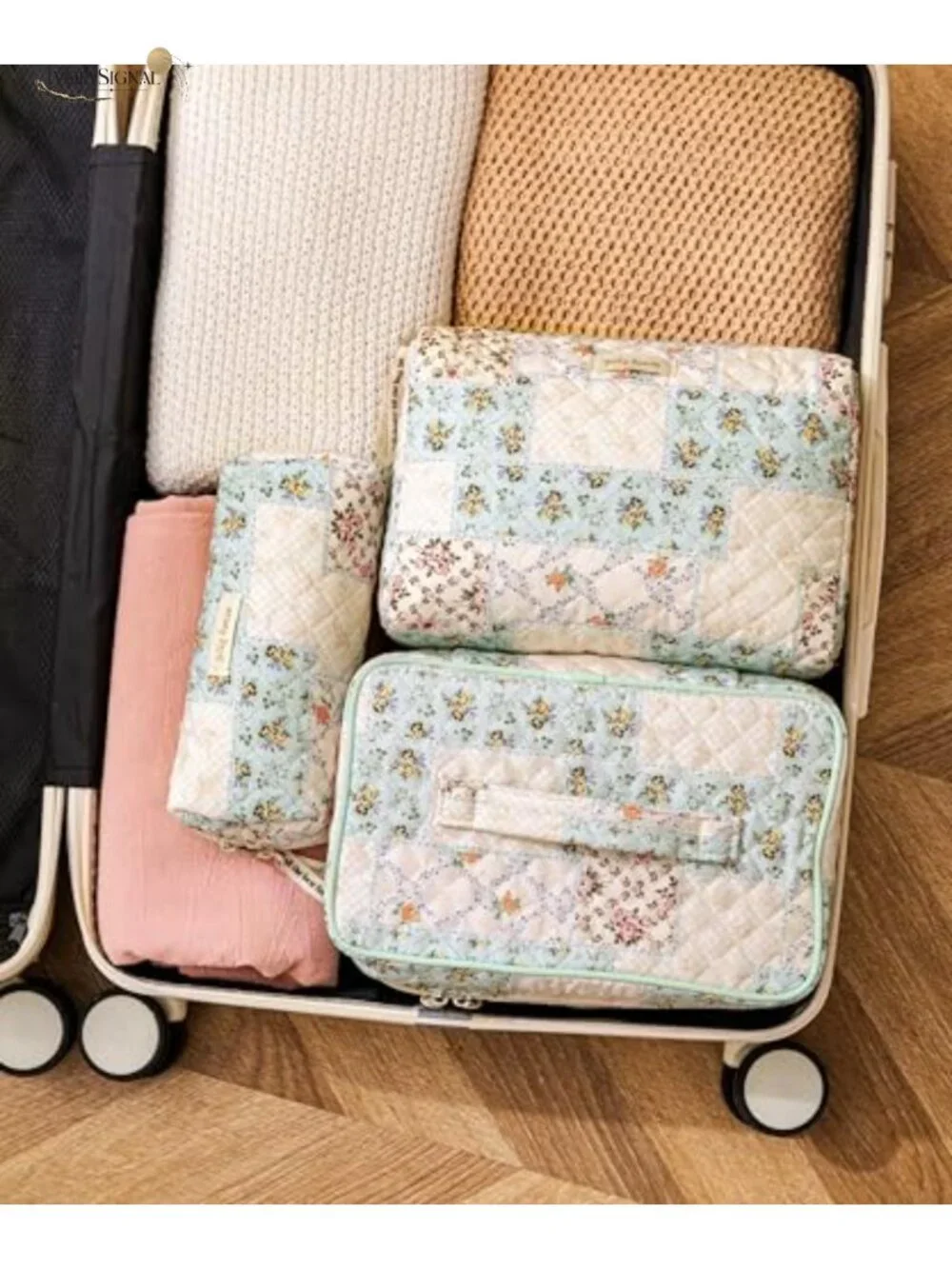 Quilted Cotton Makeup Bag Organizer Set of 3 with Gold-Plated Zipper